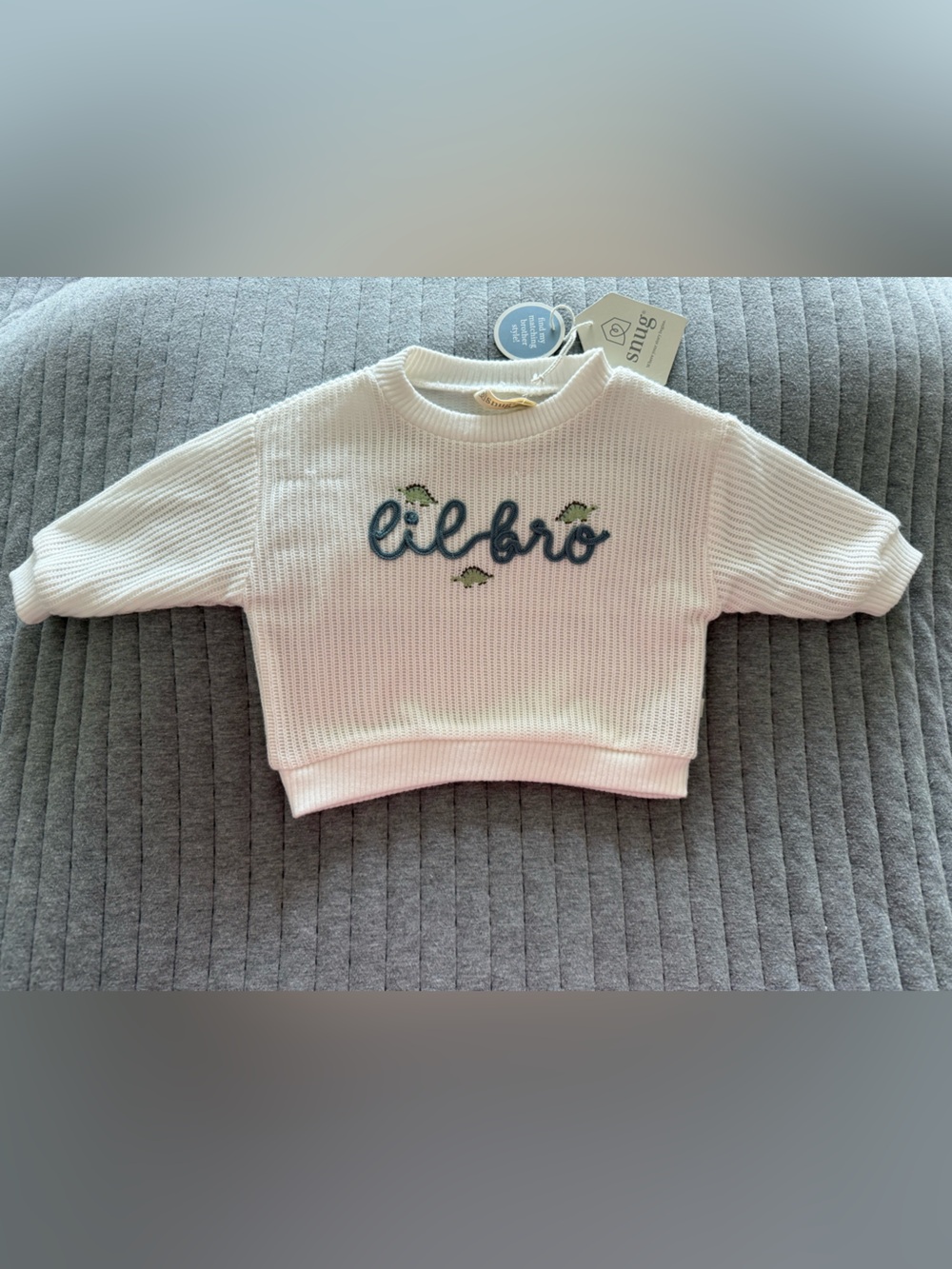 Snug Cream Knit Pullover with Blue Script and Green Dino Accents